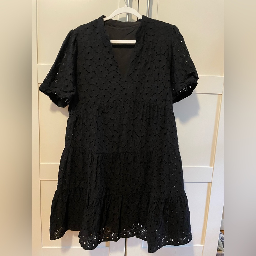 Casual Black Eyelet Dress